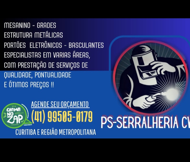 PS SERRALHERIA EM CURITIBA SERVIÇOS DE SERRALHERIA EM CURITIBA SERRALHERIA EM CURITIBA PS SERRALHERIA REALIZA OS MAIS DIVERSOS SERVIÇOS DE SERRALHERIA, COMO: MESANINOS – GRADES ESTRUTURAS METÁLICAS PORTÕES ELETRÔNICOS - BASCULANTES  ESPECIALISTA EM VÁRIAS ÁREAS, COM PRESTAÇÃO DE SERVIÇOS DE QUALIDADE, PONTUALIDADE E ÓTIMOS PREÇOS, VENHAM CONFERIR EM CURITIBA E REGIÃO METROPOLITANA.