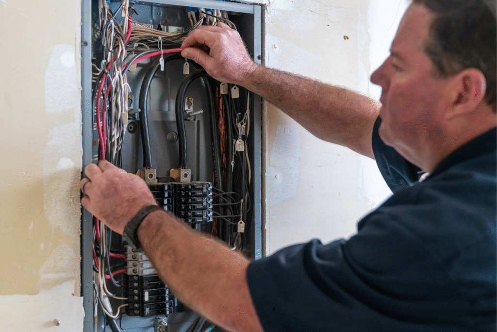 10 Serviços Úteis Que Um Eletricista Pode Prestar Para Você eletricista reparando caixa de disjuntores