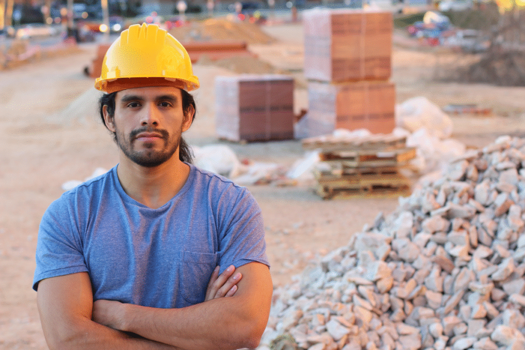 Quanto Ganha um Pedreiro em 2026? Salário CLT, Diária e Hora Trabalhada pedreiro ao lado do estoque de brita