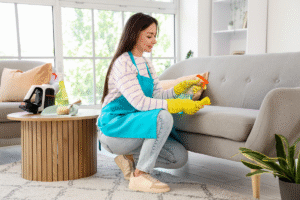 mulher fazendo o acabamento da limpeza de um sofá