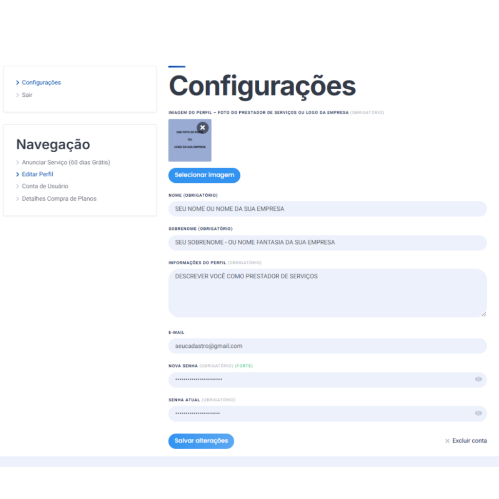 Chegou a hora de fazer seu cadastro configurações