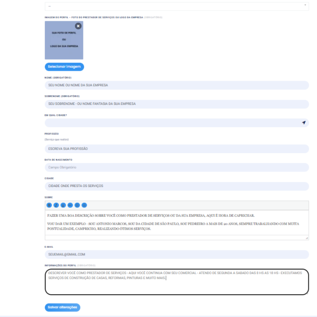 Chegou a hora de fazer seu cadastro perfil do prestador de serviços
